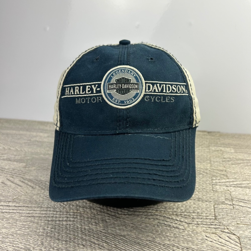 Vintage 90s Harley Davidson Hat Cap Strap Back Adjustable Blue Biker Motorcycle
